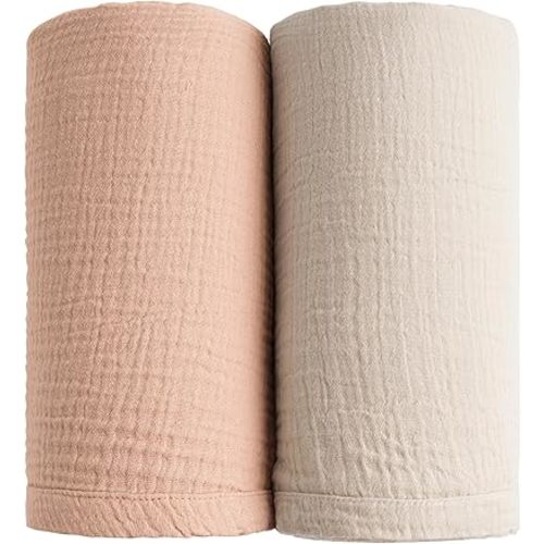 Konssy 2 Pack Muslin Swaddle Blankets, 100% Cotton Receiving Blanket Large 47 x 47 inches for Baby Boys Girls, Soft Breathable Muslin Baby Blanket for Newborn (Peach, Cream)