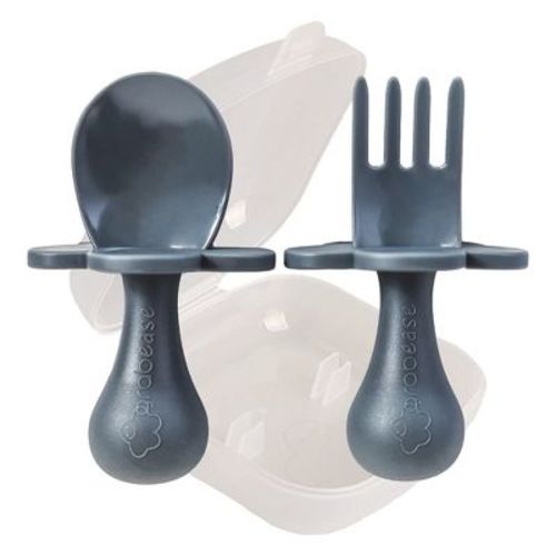 Grabease Toddler Spoon And Fork For First Stage Self Feeding For Babies From 6+ To 12 Months And Older, 1 Set, Gray