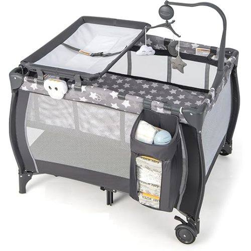 Costzon 3 in 1 Pack and Play with Bassinet, Portable Baby Playard with Changing Table, Bassinet, Music Box, Whirling Toys, Wheels/Brake, Large Basket, Bag (Gray Little Stars)