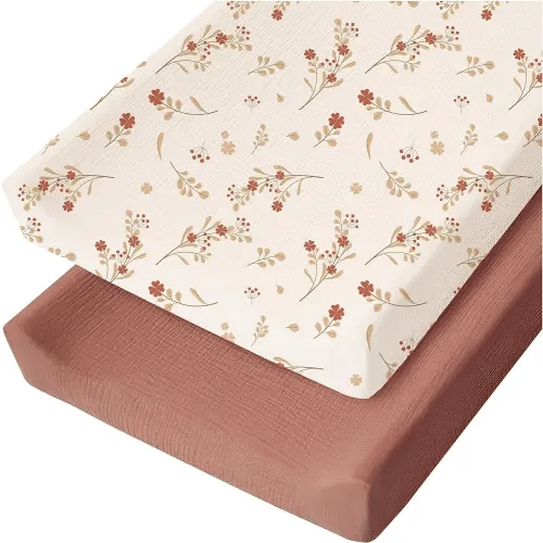 Konssy 2 Pack Muslin Changing Pad Cover for Baby Girls Boys 100% Cotton Fitted Diaper Changing Table Cover Set, Soft Changing Pad Sheets (Chestnut, Posy)