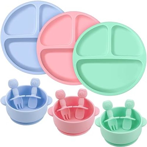 Pimoys Baby Dishware Set, 12 Pack Silicone Baby Suction Plates Bowls Utensils, Microwave & Dishwasher Safe, BPA Free, Bright Green, Blue, Pink