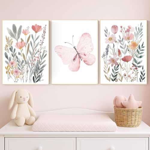 Butterfly Nursery Art Prints: Pink Floral Watercolor, Boho Baby Girl Decor