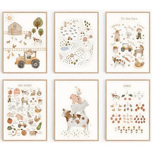 6 Pcs Farm Nursery Wall Art Kids Room Canvas Wall Decor Simple Alphabet Cute Animals Pictures Prints Posters for Farmhouse Kids Room Girls Boys Home Decoration (8x10 inch，Set of 6，Unframed)