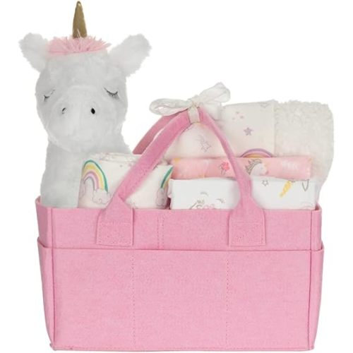 Unicorn Nursery Bedding Essentials 6-Piece Gift Set, Includes 2 Microfiber Fitted Crib Sheets, Flannel and Faux Shearling Baby Blanket, Swaddle, Unicorn Plush Toy, and Storage Caddy