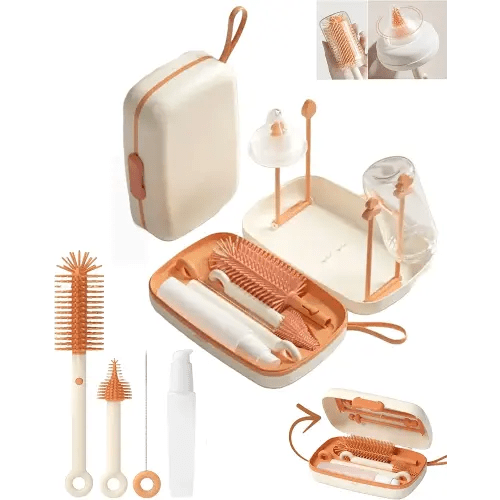Travel Bottle Cleaner kit, 7in1 Baby Travel Essential Silicone Travel Bottle Brush Set, Nipple, Drying Rack, Straw, & Breast Pump Cleaning, Soap Dispenser & Organizer Case, Gift for Mom (White)