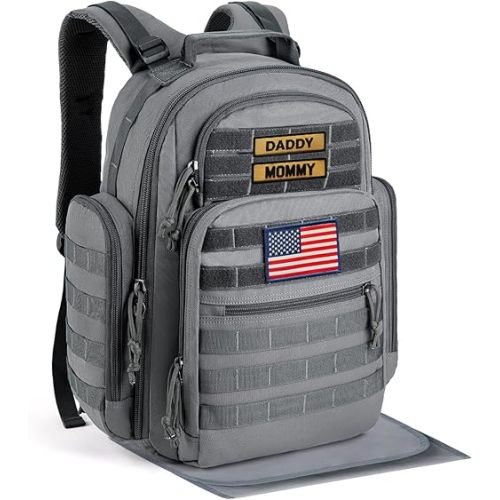 SHARKMOUTH Diaper Bag with Changing Pad - Large Military Baby Diaper Backpack for Hiking Travel Camping - Army Style for Men Active Dad Gray