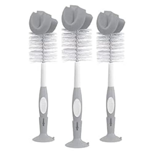 Dr. Brown's Reusable Sponge Baby Bottle Cleaning Brush Set with Suction Cup Stand, Scrubber and Nipple Cleaner, Gray, 3 Pack