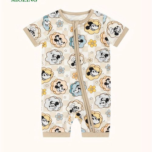 MIOZING Bamboo Fiber Bodysuit For Baby, Checkerboard Flower Mouse Pattern Short Sleeve Onesie, Infant & Toddler Girl's Romper