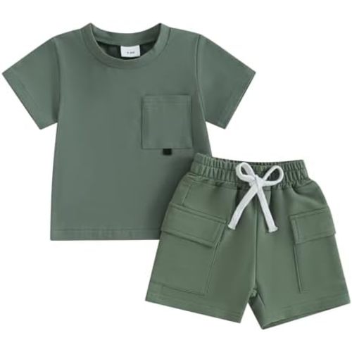 Baby Boy Clothes Set Infant Toddler Summer Outfit Short Sleeve Solid Color T-shirt Tops Pocket Shorts Set