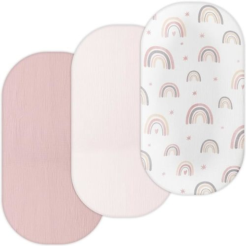 Muslin Bassinet Sheets for Maxi COSI Iora, Delta Children, Graco, Munchkin Brica, 4moms MamaRoo, Chicco LullaGlide by TansyPanda, 3PC, 18x30 in, Ultra Soft, Breathable, Snug Fit, Girls, Pink Rainbow