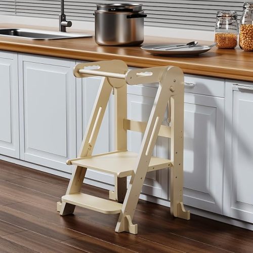 Kids Kitchen Step Stool, Foldable Toddler Tower, Height Adjustable Toddler Standing Tower with Safty Rail and Anti-Slip Device, Wooden Stool for 1.5-6 Years(Nature-Wood)