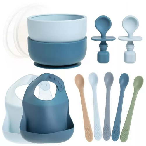 Baby Feeding Set, Silicone Bib, Bowl & Spoons for Self-Feeding First Stage Baby Essentials – Gum Friendly, BPA-Free, Easy to Clean & Safe for Babies, Blue