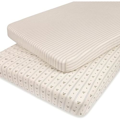 Ely’s & Co. Pack and Play Sheets, for Mini/Portable Crib, 2 Pack Fitted Playpen Play Yard Sheet Set Compatible with Graco Pack n Play, for Baby Boys, 100% Cotton, Blue Linear Berry, 38”x24”x5”