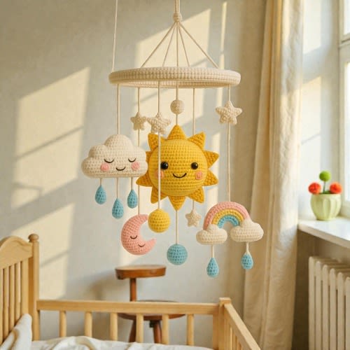 Crochet Crib Mobile with Sun, Clouds & Rainbow, Hanging Nursery Décor for Your Little One's Dreamy Space