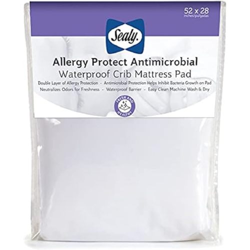 Sealy Baby Allergy Protect Antimicrobial Fitted Waterproof Baby Crib Mattress Protector, Crib Mattress Topper, Toddler Bed Mattress Protector, Machine Washable/Dryer Friendly, 52” x 28”- White