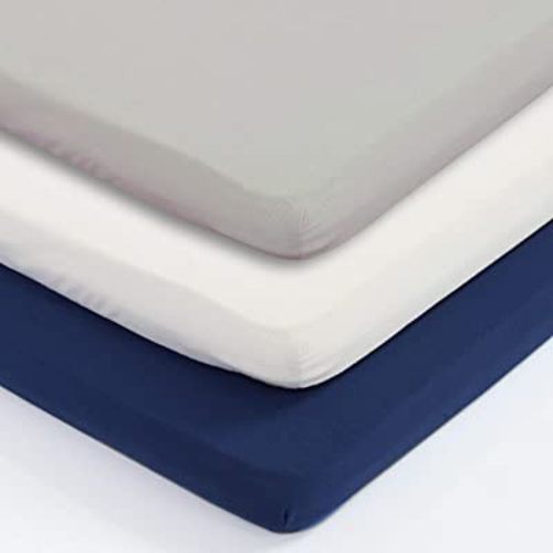 AMROSE 3 Pack Heavenly Soft Mini Crib Sheets, Microfiber Pack N Play Sheets Set for Baby Girls, Silk Touch Gentle Playard Sheet Portable Crib Sheet, White & Gray & Navy Blue