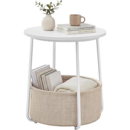SONGMICS HOME Small Side Table, Round End Table, 2 Tier Nightstand with Basket, U Shaped Steel Legs, Easy Assembly, for Living Room, Bedroom, White and Brown