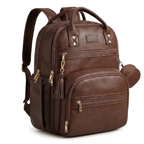 ROSEGIN Premium Vegan Leather Diaper Bag Backpack with Waterproof Changing Pad, Reinforced Zippers & Odor-Free,20 Pockets Pro Organizer, Fits 15.6" Laptop, Stroller Straps, Baby Bag for Mom,Dark Brown