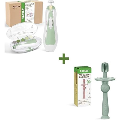 haakaa 360° Baby Toothbrush with Suction Base & haakaa Baby Nail Trimmer Electric Nail File Kit Manicure Set, 6 Grinding Heads and LED Light, Green