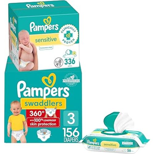 Pampers Swaddlers 360 Pull-On Diapers, Size 3, 156 Count, with Sensitive Baby Wipes, 4 Flip-Top Packs (336 Wipes Total) [Packaging May Vary]