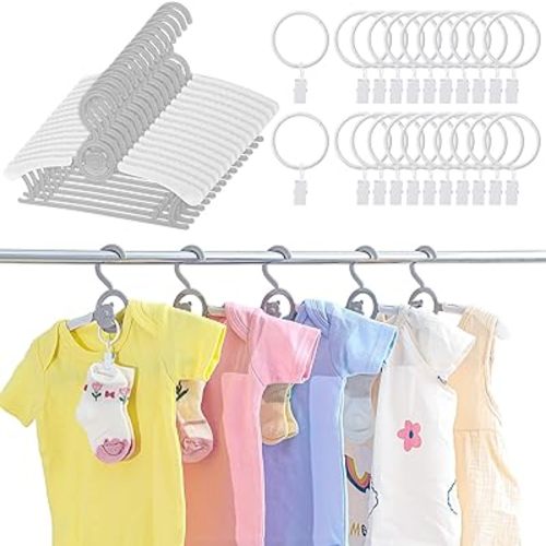 Hsei 30 Pcs Nursery Baby Hangers with 30 Pcs Ring Clips, Adjustable Baby Hangers with Clips, 10-13" Adjustable Children Hanger for Newborn Infant Socks Pants Closet Shirts