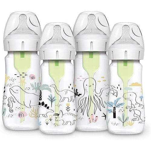 Dr. Brown’s Natural Flow® Anti-Colic Options+™ Wide-Neck Baby Bottle Designer Edition Bottles, Dinosaur and Ocean Design, 9 oz/270 mL, Level 1 Nipple, 4-Pack, 0m+