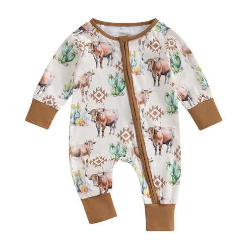 MAINESAKA Western Baby Boys Girls Clothes Neutral Long Sleeve Cow Print Zip Up Romper Jumpsuit Newborn Cowboy Fall Clothes