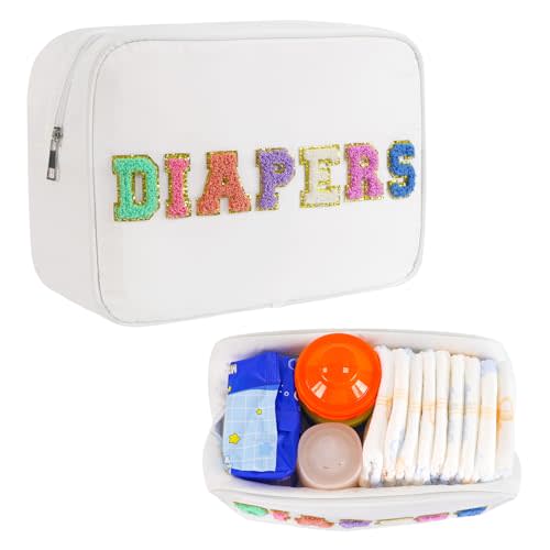 Portable Small Diaper Bag, Chenille Letter Diaper Caddy Organizer Pouch Newborn Baby Essentials Must Haves for Nursery Changing Table, White Waterproof Diaper Pail Baby Shower Gifts for Mom To Be