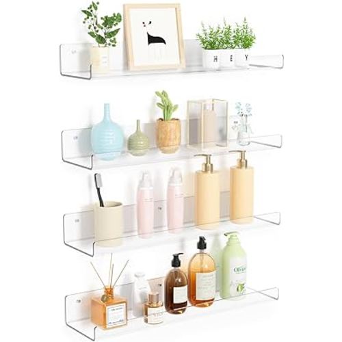 upsimples 4 Pack Acrylic Shelves for Wall Storage, 15" Floating Bookshelves for Kids, Display Shelf Organizer for Bathroom, Bedroom, Living Room, Kitchen, Room Decor, Clear