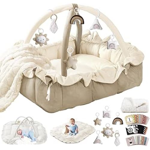 5-in-1 Plush Baby Play Gym, Baby Play Mats, Convertible Baby Gym with Blanket and 6 Toys, Tummy time mat, Baby Activity Center from Newborn to Toddler, Baby Gym, Ball Pit, Baby Gifts Ped Bed, Brown