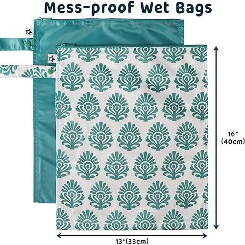 Tiny Twinkle Mess-proof Waterproof Wet Dry Bag | 2 Pack Reusable for Swimsuits, Gym & Baby Clothes | Leakproof Wet Clothes Bag, Beach Travel Essentials (Peacock)