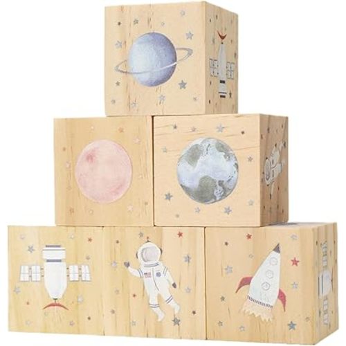 6 Pcs Space Rocket Nursery Decor Blocks Wooden Shelf Decor for Baby Nursery Room Kids Bedroom