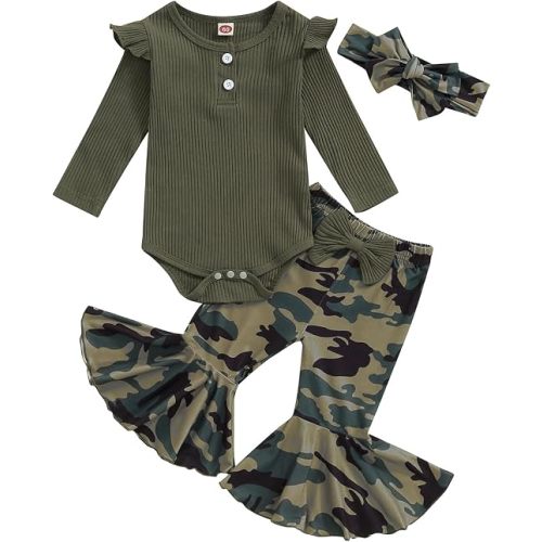 Mubineo Baby Girl Clothes Romper Pant Outfits Long Sleeve Bodysuit Tops Fashion Newborn Floral Bell Bottom Pant Outfit