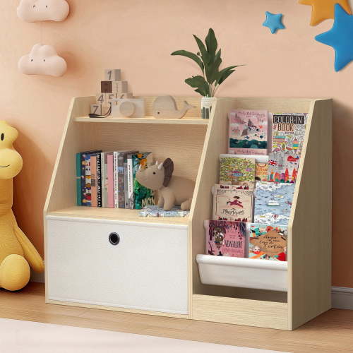 Masiis 3 Tier Kids Bookshelf, Kids Bookcase Toy Storage Cabinet Natural Children Bookshelves with 4 Layer Sling Bookcase for Playroom Kids Room Nursery, Pull-Out Drawers