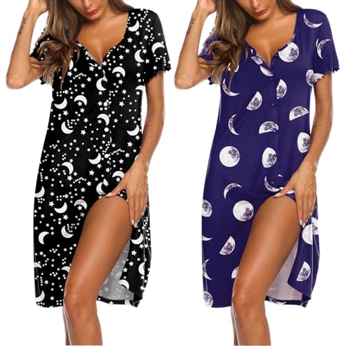 Ekouaer 2 Pack Nightgowns for Women Button Down Night Shirts Short Sleeve Sleep Shirts V Neck Sleepwear Pajama Dress