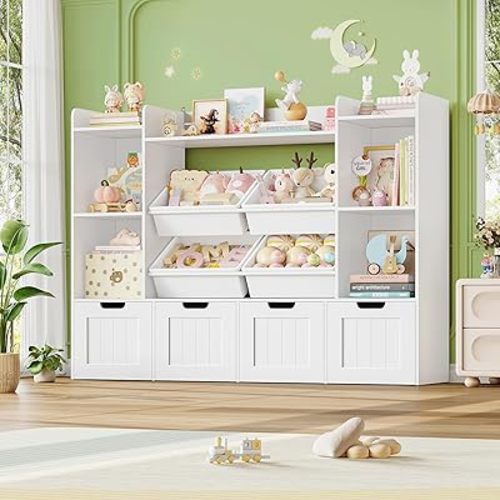 Toy Storage Organizer, Toy Organizer with 4 Movable Drawers and 4 Box Bins, Kids Playroom Storage Organization with Hidden Wheels for Living Room, Kids Room