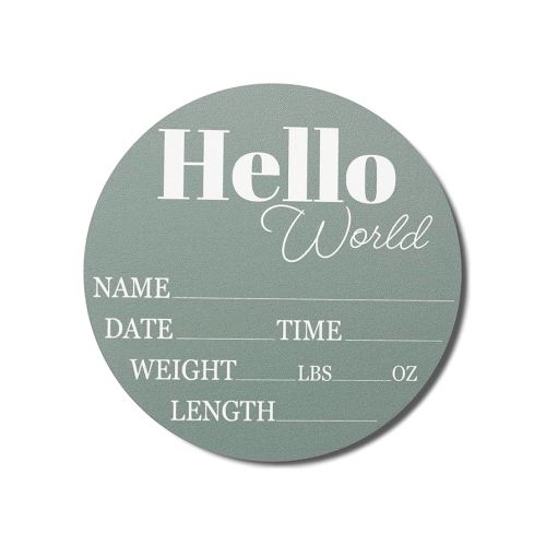 Hickory Hollow Designs - Baby Announcement Sign for Newborn Boys and Girls (Color Bases) - Hello World Nursery Decor Sign & Photo Prop for Babies Made of Birch Wood - 6" Circle Board (Sage)
