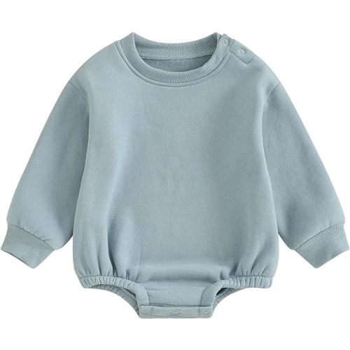 Baby Boy Girl Warm Sweatshirt Romper Solid Long Sleeve Fleece Sweater Bubble Romper Fall Winter Outfit Clothes - 0-3 Months - Blue