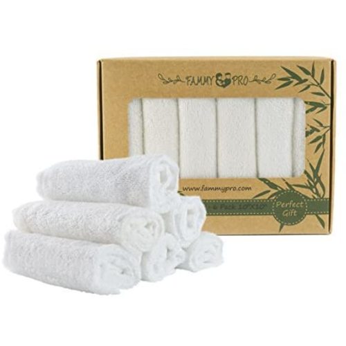 FAMMY PRO Bamboo Baby Washcloths & Towels - Ultra Soft & Absorbent for Newborn Baby's Sensitive Skin & 100% Natural, Dye Free, Reusable Wipes Perfect Gift 10”x10” (6-Pack) - white
