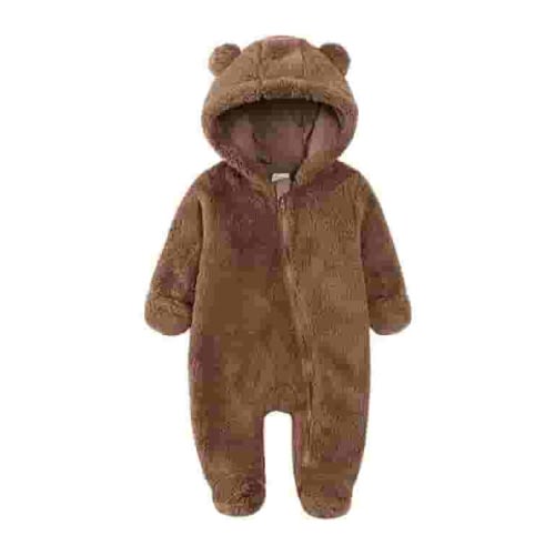 QUYUON Baby Fleece Jumpsuit with Hood Infant Winter Warm Fleece Lined Full Zip up Long Sleeve Hoodies Rompers One-Piece Outfits Toddler Girls Boys Warm Onesie Winter Clothes Brown 3 Months