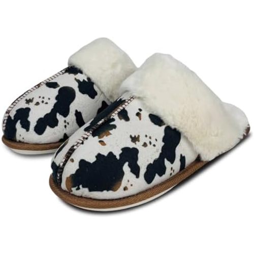 Crazy Bison Cozy House Slippers For Women, Cow Print Plush Slipper, Western Style Winter Fur Lined Slippers, Durable Rubber Sole Slip-On Indoor Outdoor