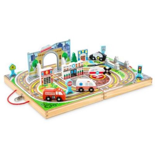 Melissa & Doug 18-Piece Wooden Take-Along Tabletop Town, 4 Rescue Vehicles, Play Pieces, Bridge