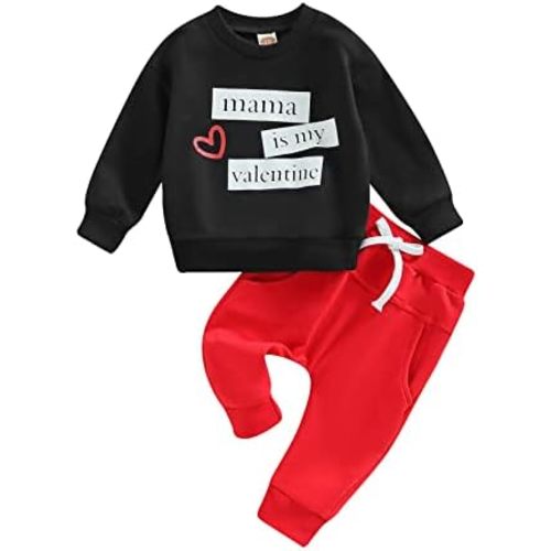 KOSUSANILL Baby Boy Valentines Day Outfit Solid Color Letter Print Sweatshirt Top Drawstring Pants 2PCS Clothes Set