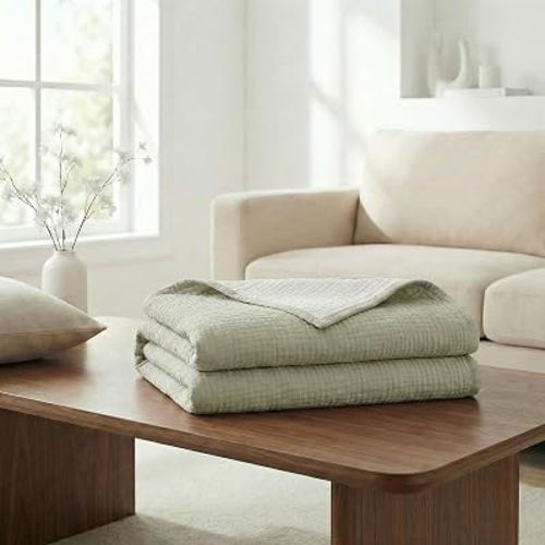Organic Cotton 4-Layer Muslin Large Throw Blanket Without Fringes (50 x 70 Inches) – Lightweight, Ultra Soft & Breathable, Pre-Washed, Great Gift for Home, Travel & Lounge (Sage Green & Beige)