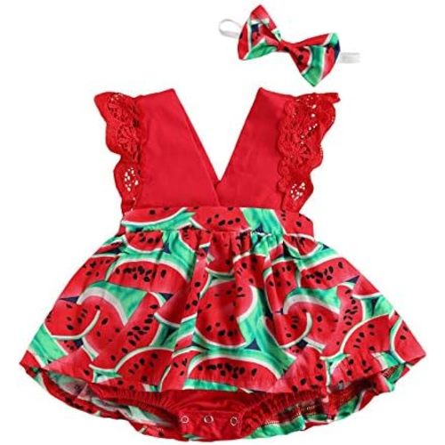 Baby Girls Playsuits Ruffled Bodysuit+Headband Watermelon Print Sleeveless Romper Jumpsuit Toddler Summer Clothes