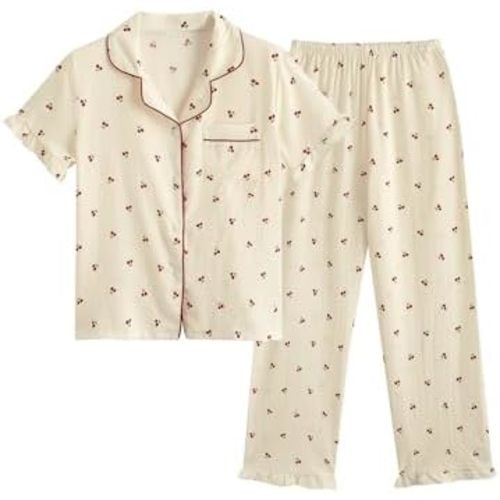 Verdusa Women's 2 Piece Pajamas Sets Cute Pj Set Graphic Print Comfy Loungewear Sets Ruffle Trim Top and Pants