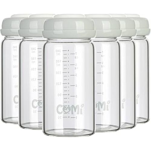 COMI Wide Neck Glass Breastmilk Collection n Storage Bottle, 8oz with Screw Ring Sealing Disk; Re-markable Sealing Disc. BPA Free, Fits Breast Pumps & Nipples (6 Gray Lids)