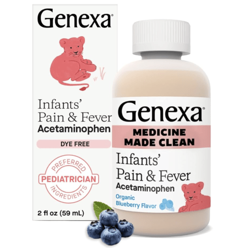 Genexa Infants' Clean Acetaminophen | Pediatrician Preferred Ingredients | Pain Reliever & Fever Reducer for Babies | Dye Free, 0% Artificial Additives | Delicious Organic Blueberry Flavor, 2 fl oz