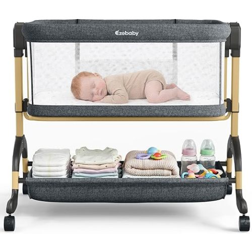 Ezebaby 3 in 1 Baby Bassinet Bedside Sleeper, Rocking Bassinet for Baby with Comfy Mattress & Breathable Full Mesh Sides, 6 Height Adjustable | Portable Crib for Newborns with Lockable Wheels