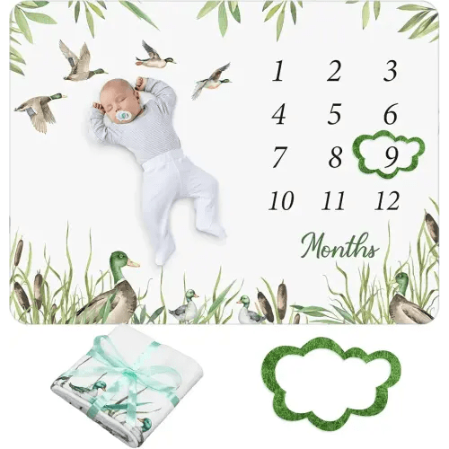 Preboun Mallard Duck Baby Monthly Milestone Blanket Months Blanket Mallard Duck Stuff Growth Chart Milestone Gift for Boy or Girl with Felt Marker, 40"x60"